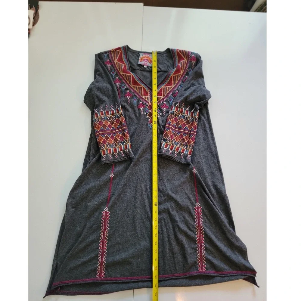 Johnny Was Gray Embroidered Boho V-Neck‎ Tunic Dress 3/4 Sleeve Small